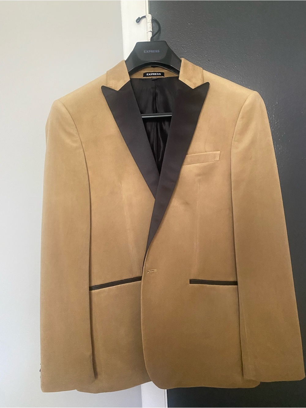 Express Tan Velvet Tuxedo Blazer with Black Satin Lapel